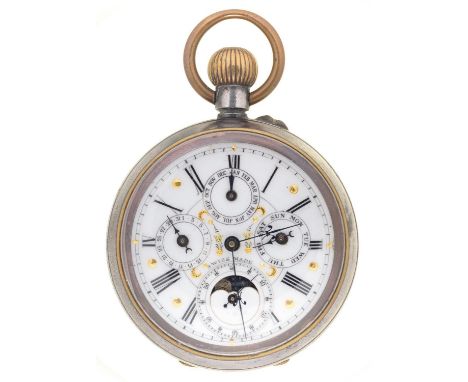 A SWISS GUNMETAL KEYLESS CYLINDER CALENDAR WATCH, C1900, THE ENAMEL DIAL WITH LUNAR SECONDS AND THREE SUBSIDIARY DIALS FOR DA