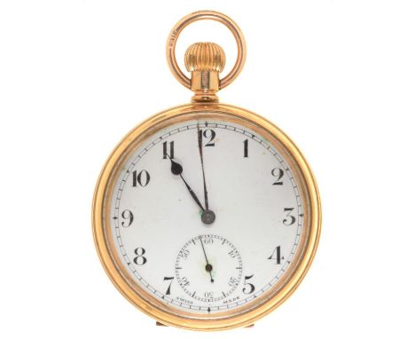 A 9CT GOLD KEYLESS LEVER WATCH WITH 15 JEWEL MOVEMENT NO 654411, DETACHABLE PLATED CUVETTE, GOLD BOW, IN PLAIN CASE, 49MM, CA