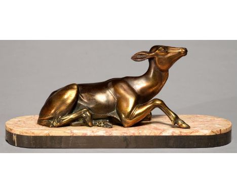 A FRENCH ART DECO BRONZED SPELTER SCULPTURE OF A RECUMBENT FAWN, ON MARBLE AND BELGE NOIR BASE, C1930, 15CM H Good original c