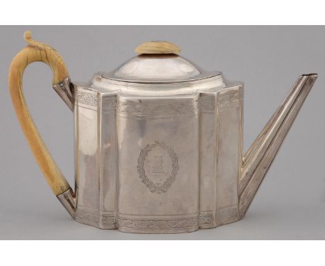 A GEORGE III SILVER TEAPOT, STRAIGHT SIDED WITH DOMED LID AND INTEGRAL HINGE, ENGRAVED BORDERS, IVORY HANDLE AND KNOP, CRESTE