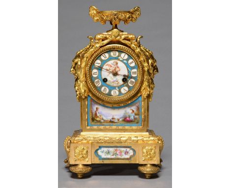 A FRENCH ORMOLU MANTEL CLOCK WITH SEVRES STYLE PORCELAIN DIAL AND PANELS, C1860, IN LOUIS XVI STYLE, THE ARCHED CASE SURMOUNT