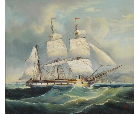 A 20TH CENTURY PAINTED REPRODUCTION OF AN EARLY 19TH C SHIP PORTRAIT, BEARS SIGNATURE, 39 X 44CM, OIL ON CANVAS Good conditio
