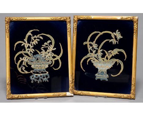 A PAIR OF CHINESE EMBROIDERED SILK AND METAL THREAD PICTURES OF FLOWER FILLED VESSELS, 19TH / EARLY 20TH C, REMOUNTED AND FRA