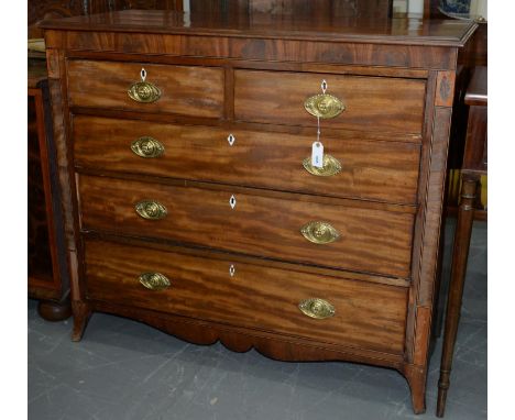 A GEORGE III MAHOGANY AND LINE INLAID CHEST OF DRAWERS, C1820, WITH PLUME PATERAE AND EMBOSSED BRASS HANDLES, ON SPLAYED FEET
