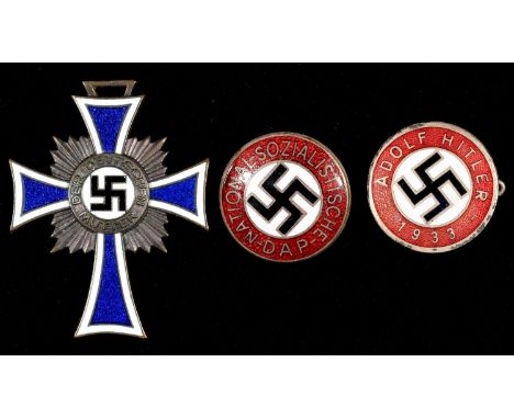 GERMANY, THIRD REICH. MOTHER'S CROSS AND TWO NAZI PARTY ENAMEL BADGES 