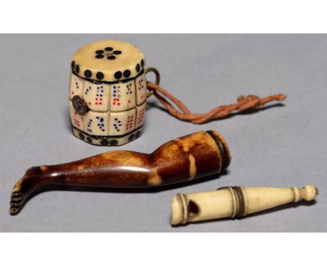 A VICTORIAN STAINED BONE LADY'S LEG NOVELTY TOBACCO PIPE TAMPER, 55CM H, A CARVED BONE BARREL SHAPED DICE AND A CONTEMPORARY 