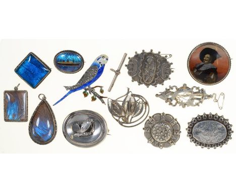 TWELVE VICTORIAN AND EARLY 20TH C&nbsp; SILVER BROOCHES INCLUDING FOUR 1920S BUTTERFLY WING BROOCHES AND A MARCASITE AND ENAM