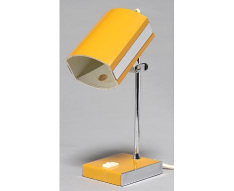 ITALIAN DESIGN. A PROVA CHROMIUM PLATED STEEL AND MUSTARD ENAMELLED ADJUSTABLE DESK LAMP, C1970, WITH CAST ALLOY SHADE AND IV