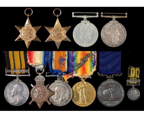 AFRICA GSM - WWI GROUP OF FIVE, AFRICA GENERAL SERVICE MEDAL, ONE CLASP, SOMALILAND 1902-04, 1914-15 STAR, BRITISH WAR MEDAL,