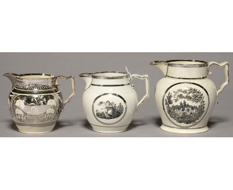 A SILVER RESIST PEARLWARE JUG AND TWO CONTEMPORARY BAT PRINTED SILVER LUSTRE JUGS, C1820, 11.5-13.5CM H Silver resists jug - 