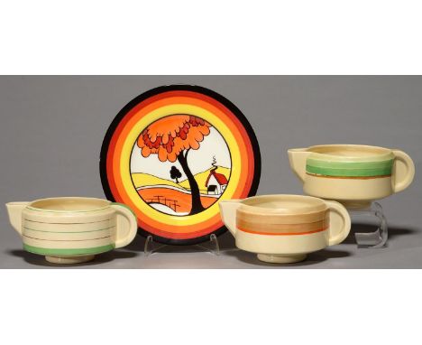 CLARICE CLIFF. THREE A. J. WILKINSON ODILON SAUCE BOATS, 1934, IN DIFFERENT BANDED PATTERNS, 7.5CM H, PRINTED MARKS AND A WED