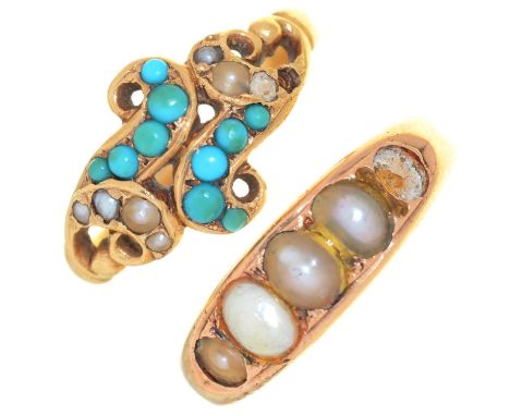 A VICTORIAN TURQUOISE&nbsp; AND SPLIT PEARL OPENWORK RING, C1870, IN GOLD&nbsp; AND A VICTORIAN SPLIT PEARL RING, IN GOLD, EN