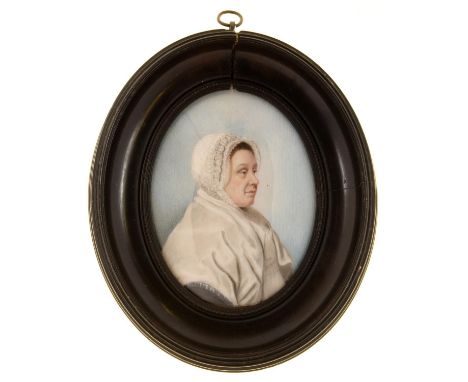 19TH CENTURY SCHOOL - PORTRAIT MINIATURE OF A LADY IN WHITE DRESS, SHAWL AND LACE CAP, SKY BACKGROUND, IVORY, OVAL, 90 X 70MM