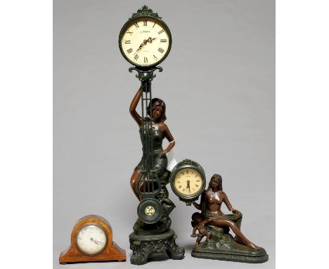 AN EDWARDIAN INLAID MAHOGANY MANTEL TIMEPIECE, C1910, WITH FRENCH EIGHT DAY MOVEMENT, 12.5CM H AND TWO MAHOGANY REPRODUCTION 