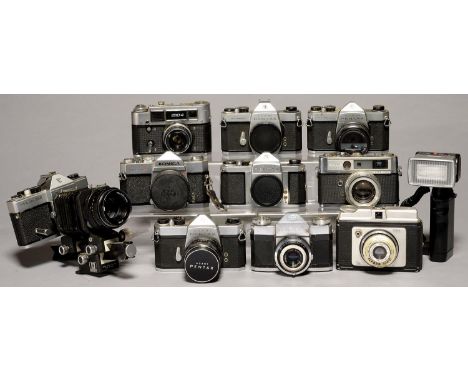 A ZEISS IKON CONTAFLEX 35MM SINGLE LENS REFLEX CAMERA AND NINE OTHER CAMERAS, INCLUDING PENTAX, NISHIKA AND COSINA, AND A FLA