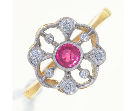 A RUBY AND DIAMOND OPEN CLUSTER RING, GOLD HOOP MARKED 18CT, 2.4G, SIZE L Good condition