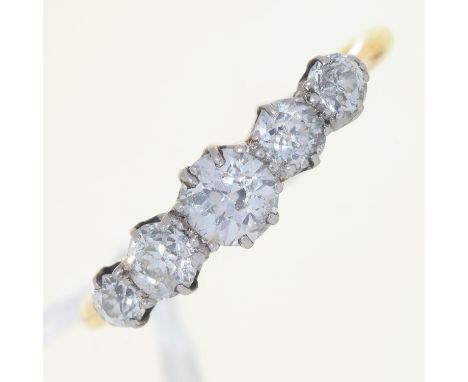 A DIAMOND FIVE STONE RING,&nbsp; WITH OLD CUT DIAMONDS, IN GOLD MARKED 18CT, 2.4G, SIZE L Light wear consistent with age