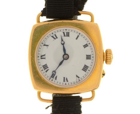 AN 18CT GOLD CUSHION SHAPED LADY'S&nbsp; WRISTWATCH, WITH THREE QUARTER PLATE MOVEMENT AND WIRE LUGS, THE CASE BACK ENGRAVED 