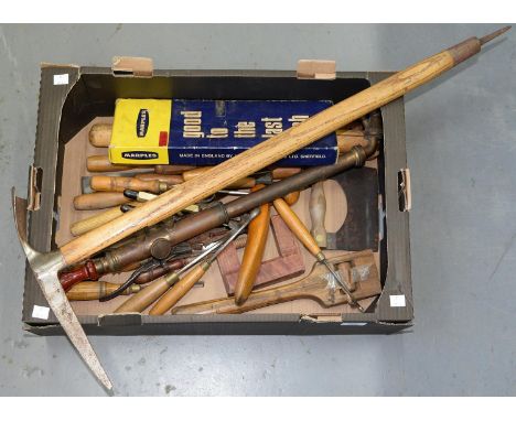 AN ITALIAN ICE AXE, MISCELLANEOUS WOOD WORKING TOOLS AND RURAL BYGONES 