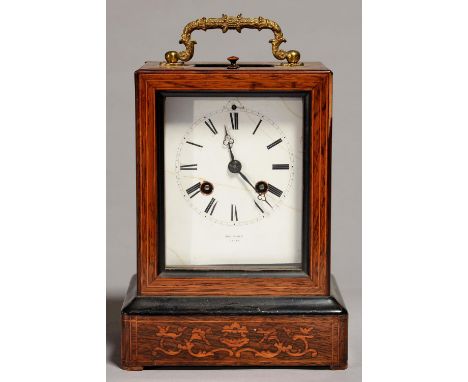 A FRENCH ROSEWOOD AND INLAID MANTEL CLOCK, C1850, SIMILAR TO THE PRECEDING LOT, THE ENAMEL DIAL INSCRIBED HRY MARC PARIS, THE