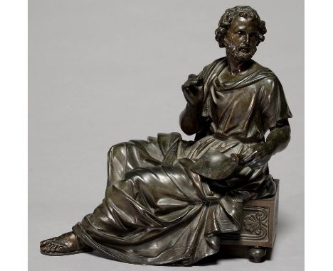 A FRENCH BRONZE SCULPTURE OF HOMER, LATE 19TH C, GREEN PATINA RUBBED AND DARK IN PLACES, 28CM H Dusty and originally mounted 