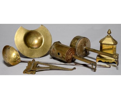 A VICTORIAN BRASS CHESTERMAN'S PATENT LEVER ROASTING JACK, ANOTHER BRASS BOTTLE JACK,&nbsp;A STEEL HANDLED CULINARY LADLE / S