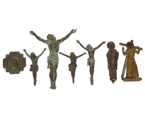 A BRONZE CORPUS CHRISTI AND THREE OTHER SIMILAR, SMALLER SCULPTURES, 19TH/20TH C, 67CM H AND SMALLER AND THREE OTHER BRONZE R