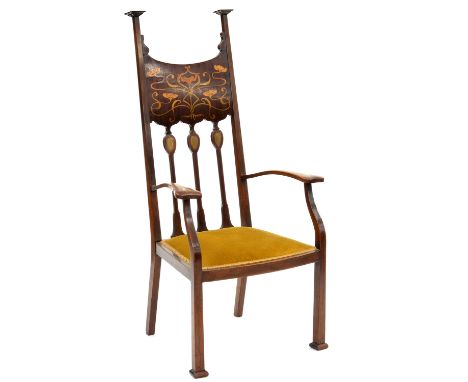 AN ART NOUVEAU ENGLISH MAHOGANY AND INLAID ARMCHAIR BY CORNELIUS V. SMITH, C1900, THE DECORATION INCLUDING PEWTER HEARTS TO T