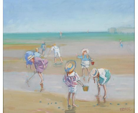 MARGARET PALMER (1922- ) - TWO GIRLS ON THE BEACH; CHILDREN PLAYING ON THE BEACH, TWO, BOTH SIGNED, OIL ON HARDBOARD, 23.5CM 