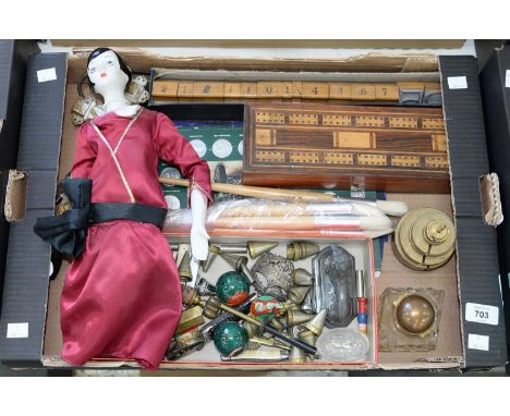 A CUT GLASS BRASS MOUNTED INKWELL, AN INLAID MAHOGANY CRIBBAGE BOARD, A MOTHER OF PEARL CRUCIFIX AND MISCELLANEOUS OTHER ITEM