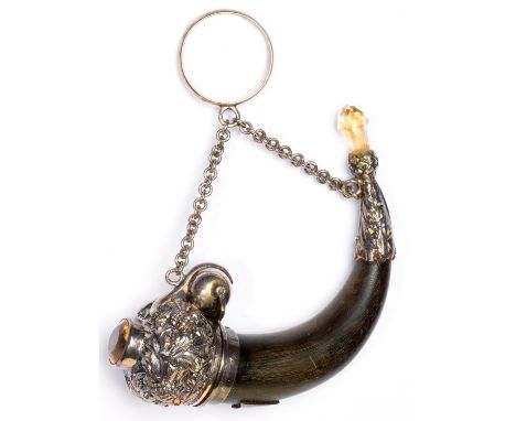 A VICTORIAN SILVER MOUNTED HORN VINAIGRETTE, C1870 CHASED WITH THISTLES AND SET WITH&nbsp; A CITRINE, ENGRVED GRILLE WITH RIN