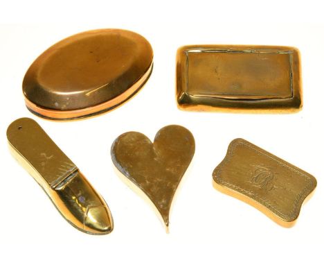 FOUR VICTORIAN BRASS SNUFF BOXES, C1840-LATE 19TH C, THE HEART SHAPED EXAMPLE 50MM AND A VICTORIAN BRASS COMBINATION VESTA CA