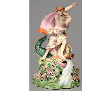 A DERBY FIGURE OF NEPTUNE, C1780, THE GOD SET ABOVE A DOLPHIN, THE WATERS OF THE OCEAN FLOWING FROM ITS MOUTH DOWN A HIGH MOS