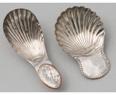 TWO OLD SHEFFIELD PLATE CADDY SPOONS, LATE 18TH C, WITH SHELL BOWL Light wear