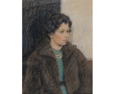 ENGLISH SCHOOL, 20TH CENTURY - PORTRAIT OF A LADY IN A GREEN DRESS, PASTEL, 33.5 X 24.5CM Good condition