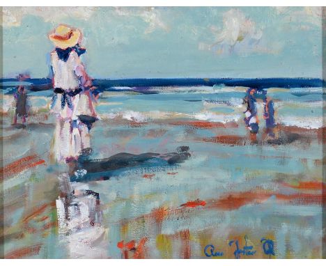 ROSS FOSTER, 20TH / 21ST C -&nbsp; PLAYING ON THE BEACH, SIGNED, OIL ON BOARD, 21 X 26.5CM Good condition