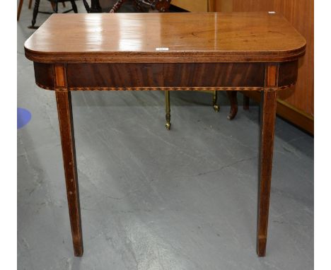 A VICTORIAN MAHOGANY AND LINE INLAID TEA TABLE, C1840, 75CM H; 45 X 91.5CM Top with several ring marks and blackened scratche