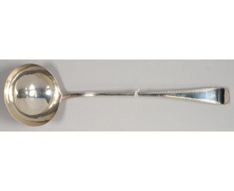 A GEORGE III SILVER SOUP LADLE, FEATHER EDGE PATTERN, INITIALLED B, BY GEORGE SMITH, LONDON 1778, 5OZS Light polish scratches