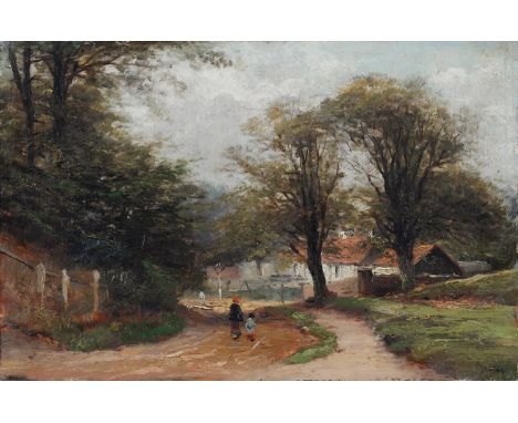 ROBERT FINLAY MCINTYRE (1846-1906) - THE SANDY ROAD HAMPSTEAD, SIGNED AND INSCRIBED VERSO, OIL ON CANVAS, 20 X 30CM Small pat