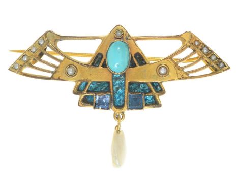 A GERMAN JUGENDSTIL GEM SET GILTMETAL AND ENAMEL BROOCH, C1910, WITH BAROQUE PEARL DROP, 48MM L Good condition with only slig