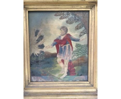 An 18th Century tapestry in a gilt frame depicting a finely dressed gentleman in an exterior landscape setting, approx 35cm x