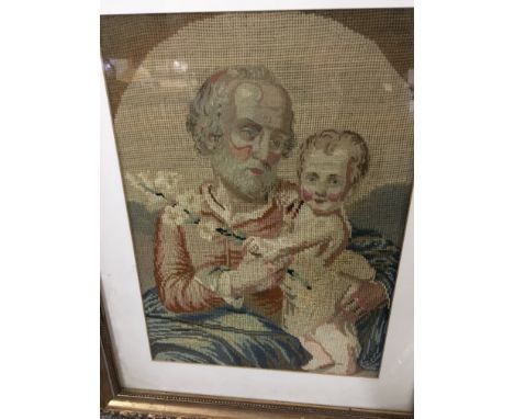 A gilt framed tapestry father and child 23 by 34 cm .