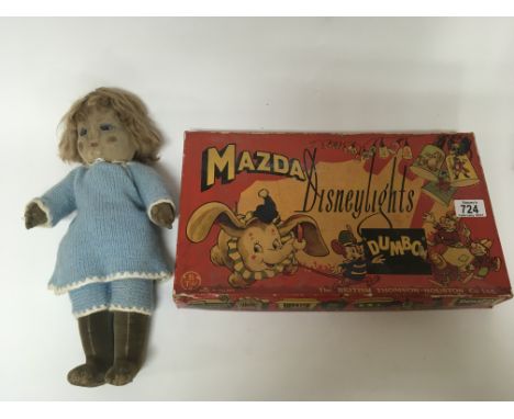 A set of Mazda Disney lights and a vintage Chad Valley Bambina doll (2)