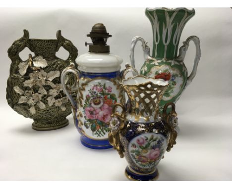 Victorian oil lamp base with two hand painted panels and three Victorian vases
