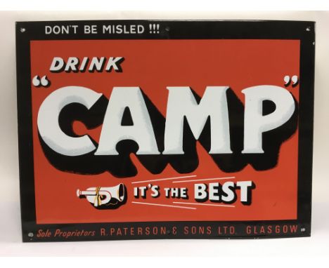 An enamel sign for Camp coffee, approx 49.5cm x 36.5cm together with a reproduction sign for Black Cat cigarettes, approx 22c