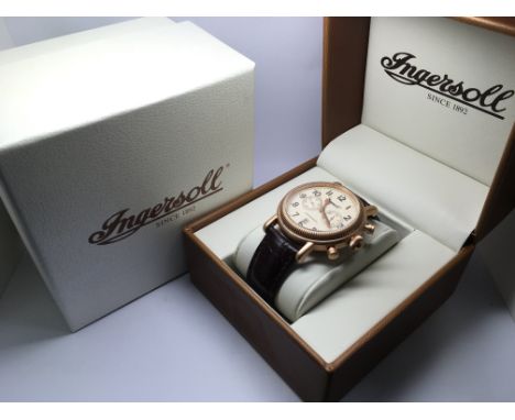 A boxed Ingersoll gents chronograph watch with a cream coloured dial and Arabic numerals.