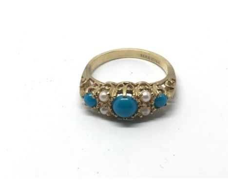 A 9ct gold ring set with turquoise and cultured pearls, approx 3.2g and approx size N-O.