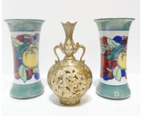 A pair of Charlotte Rhead for Burleigh Ware tube line decorated vases and a Radon Limoges reticulated vase Condition Report: 