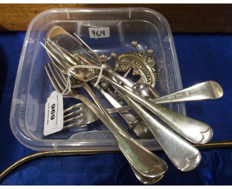 A lot comprising a small quantity of EP cutlery, including a fork marked AK30, knife rests &amp; a decanter label Condition R