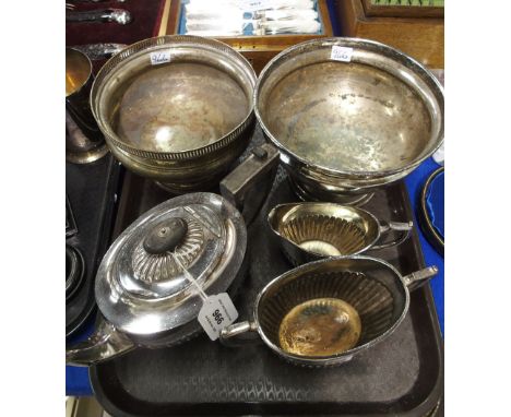 A tray lot of EP - three piece tea service, two rose bowls Condition Report: Available upon request